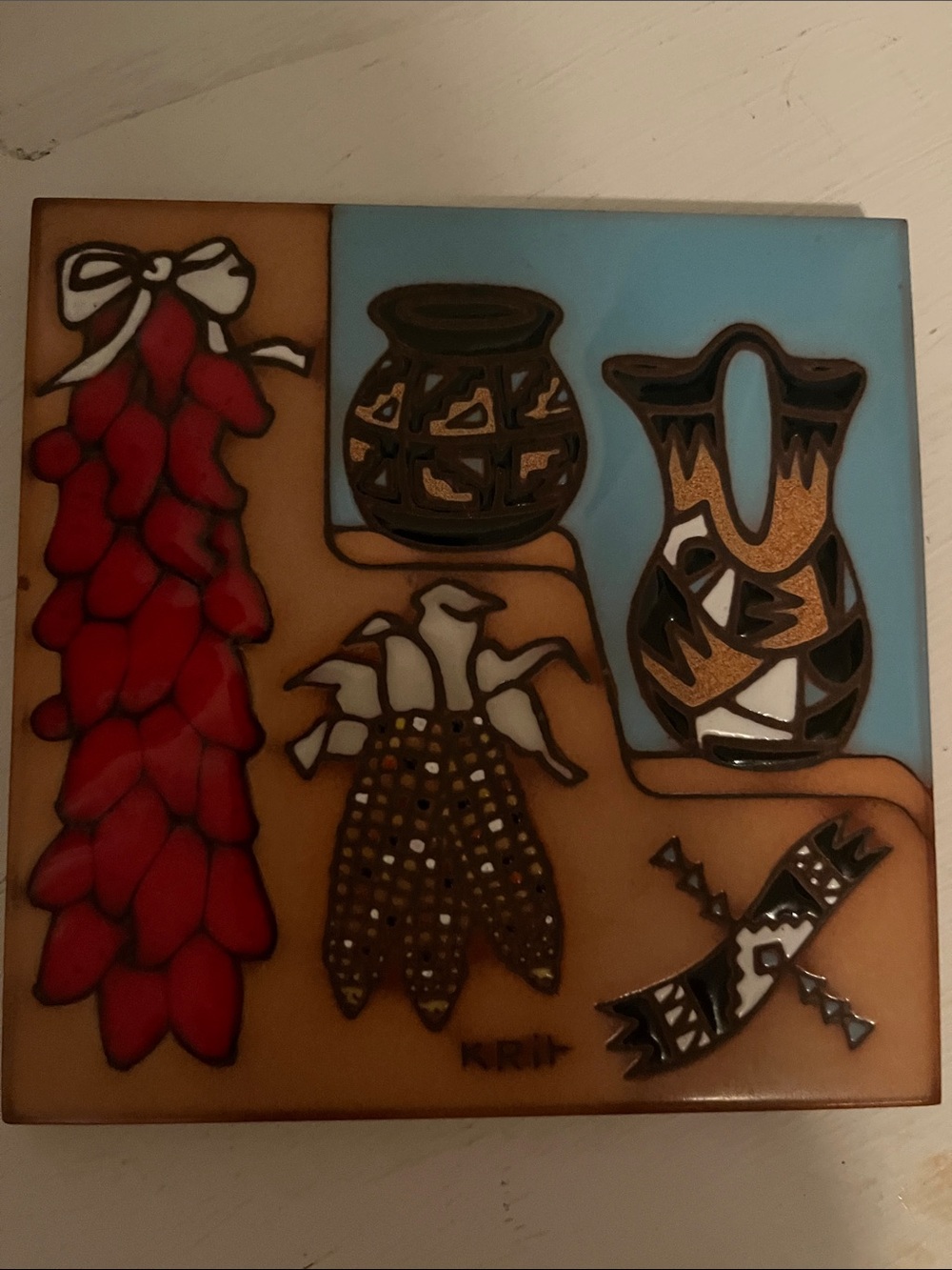 Southwest Ceramic Tile Art in Red, Blue and Brown